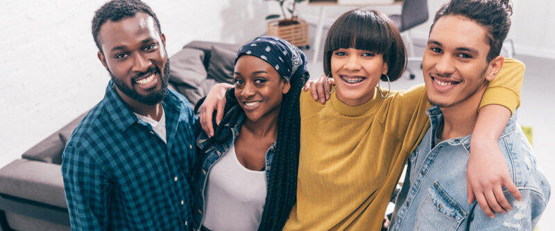 High angle view of smiling multicultural group